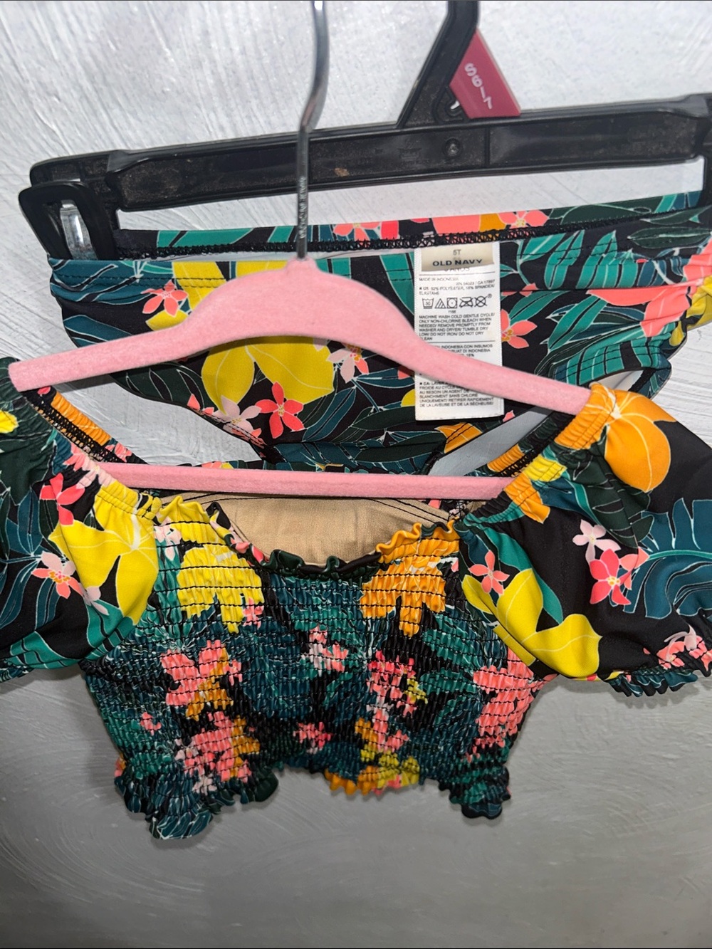 Old Navy Black Tropical Floral Smocked Crop Top - Yellow, Pink, Green